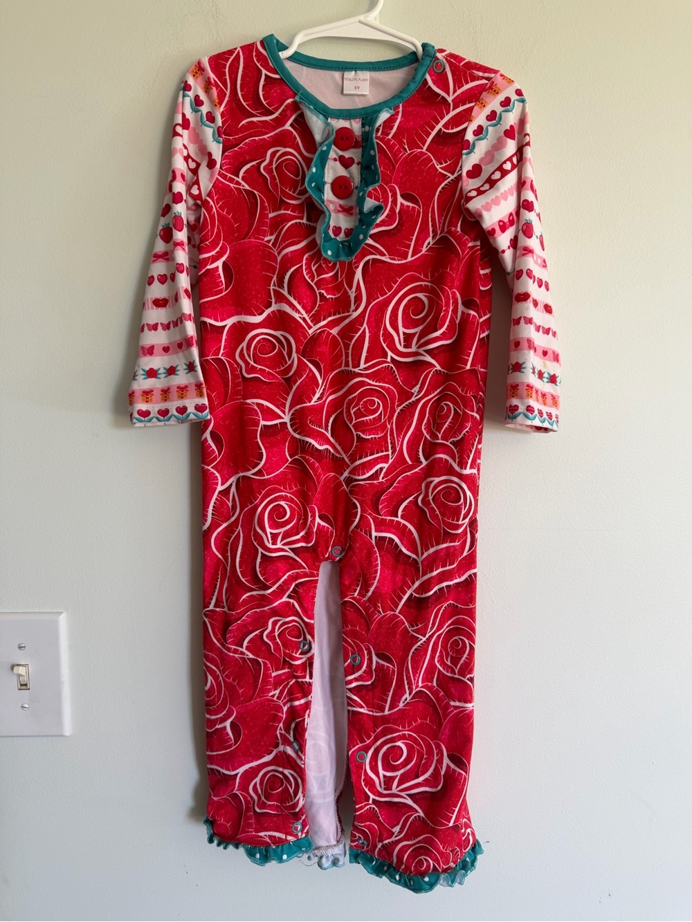 Penelope Plumm Girls Red Rose Print One-Piece Romper with Teal Trim